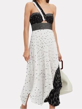 A.L.C. Black and White One-Shoulder Polka Dot Midi Dress